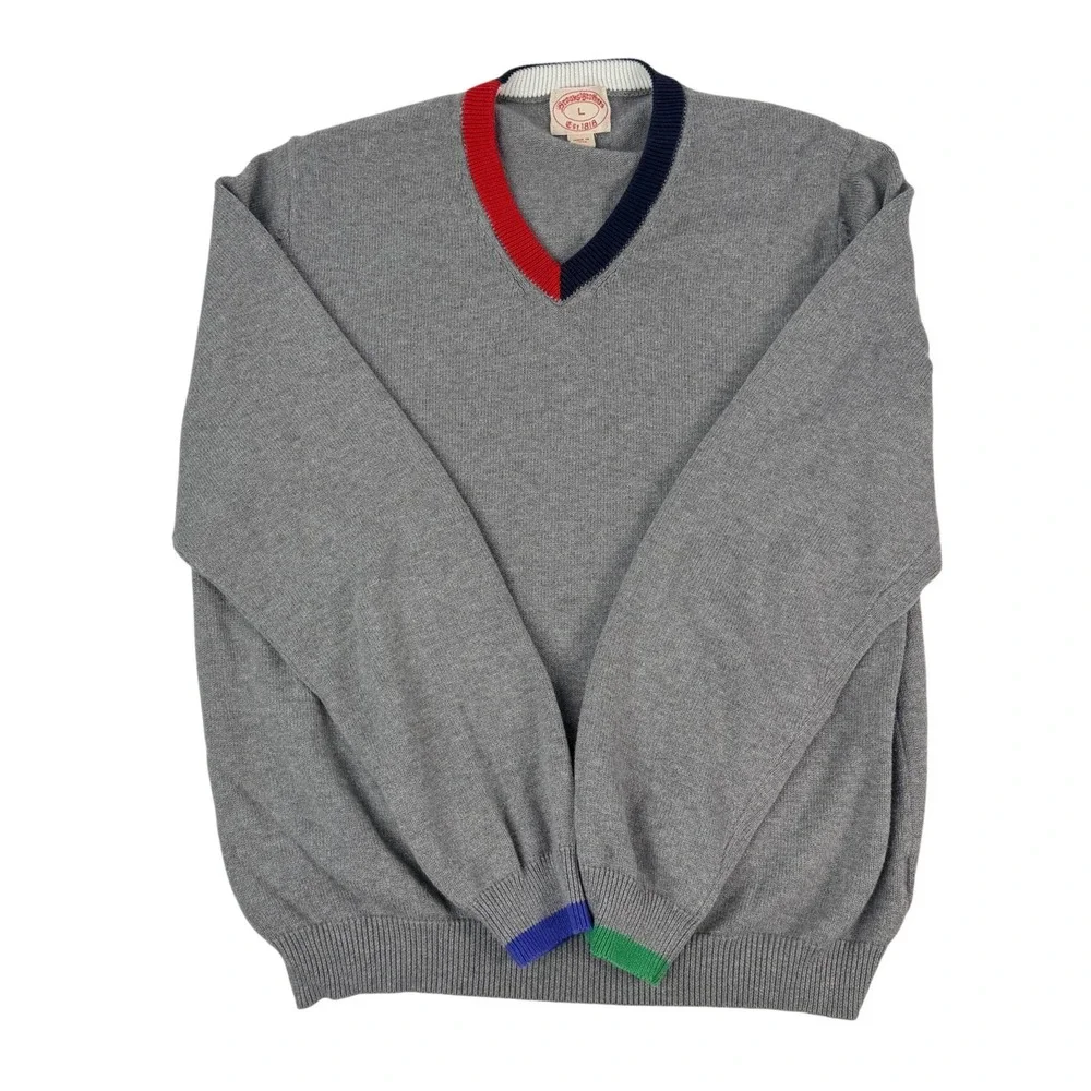 Brooks Brothers Mens Gray V-Neck Sweater‎ Colorblock Trim Size L RN93986